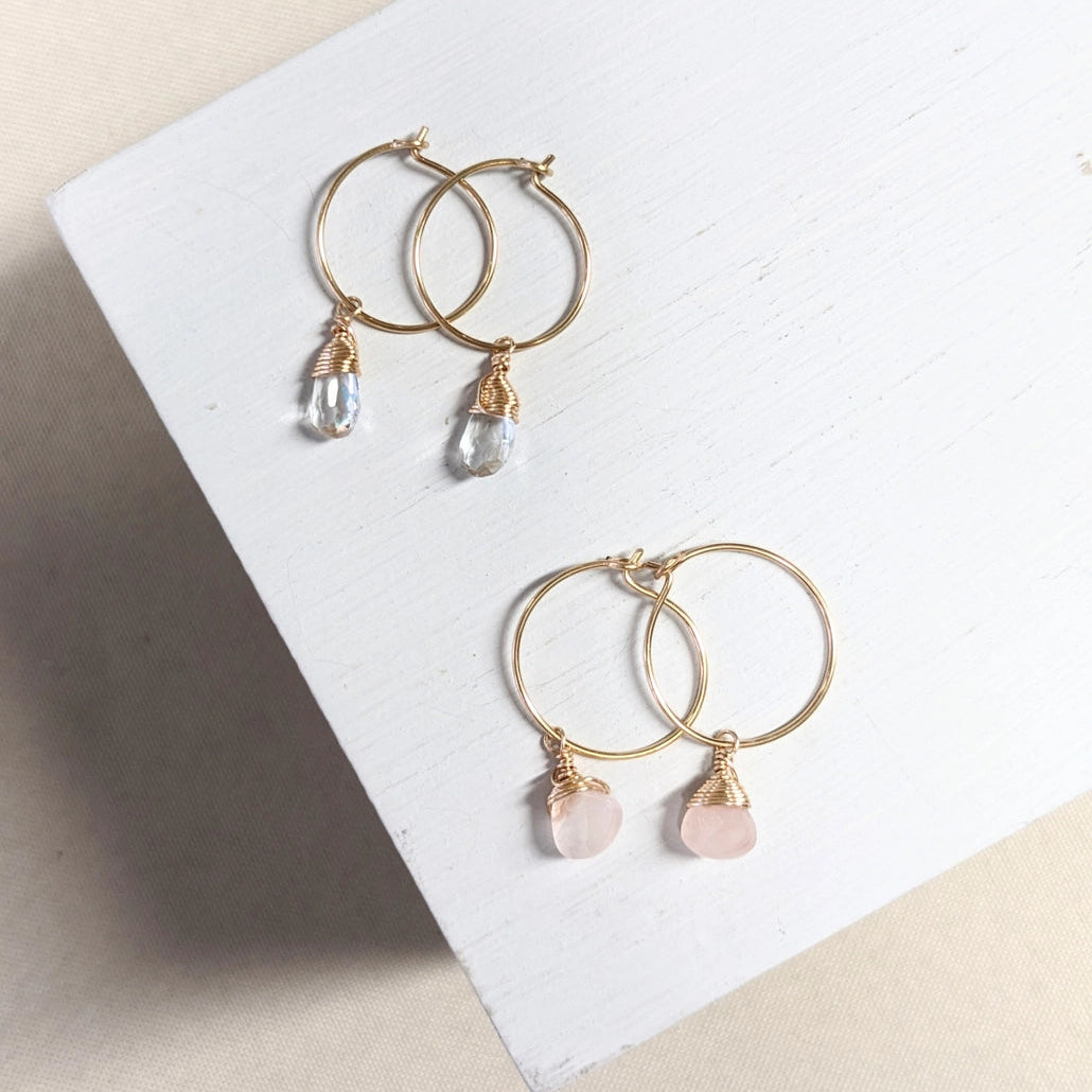 Rose Quartz Charm Mini Hoop Earrings (14k Gold Filled)