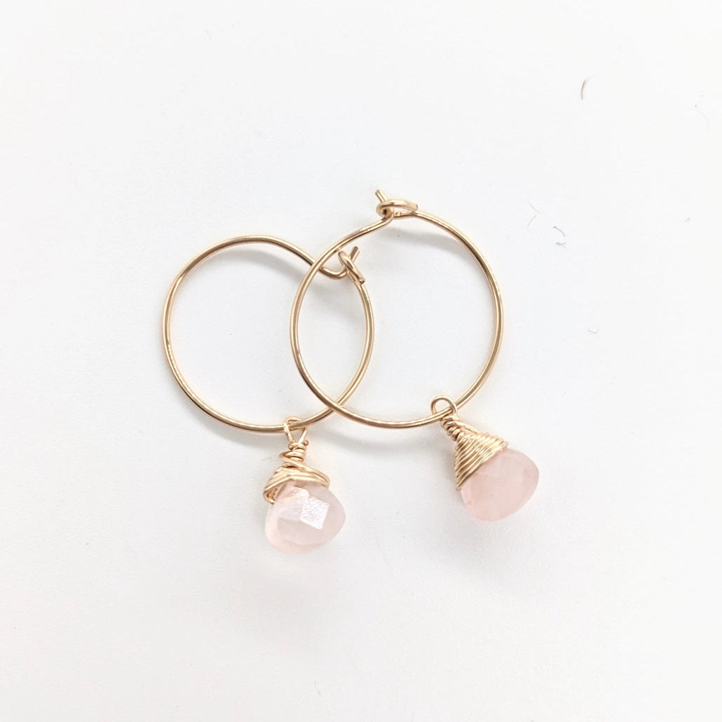 Rose Quartz Charm Mini Hoop Earrings (14k Gold Filled)