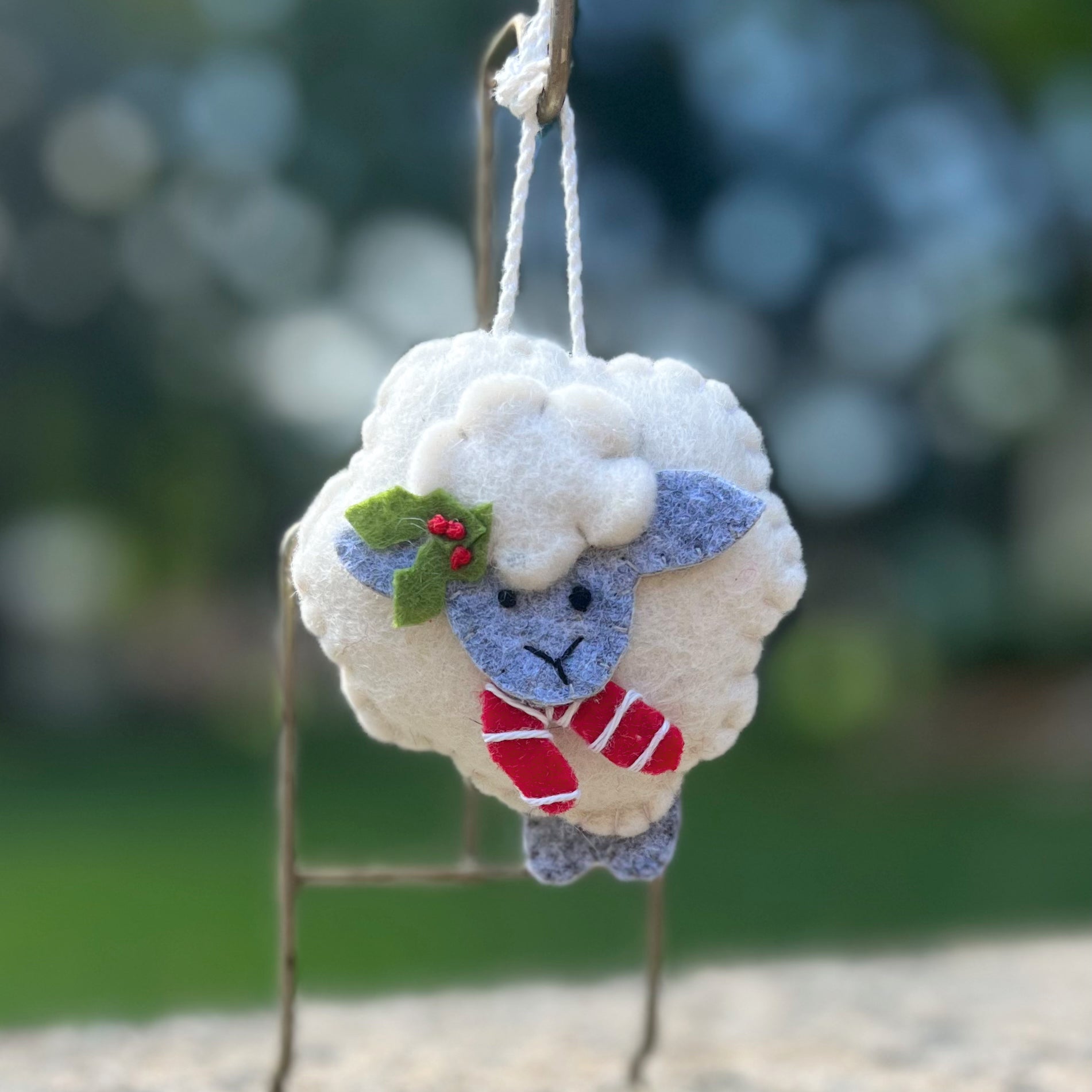 Sheep with Candy Cane Wool Felt Ornament