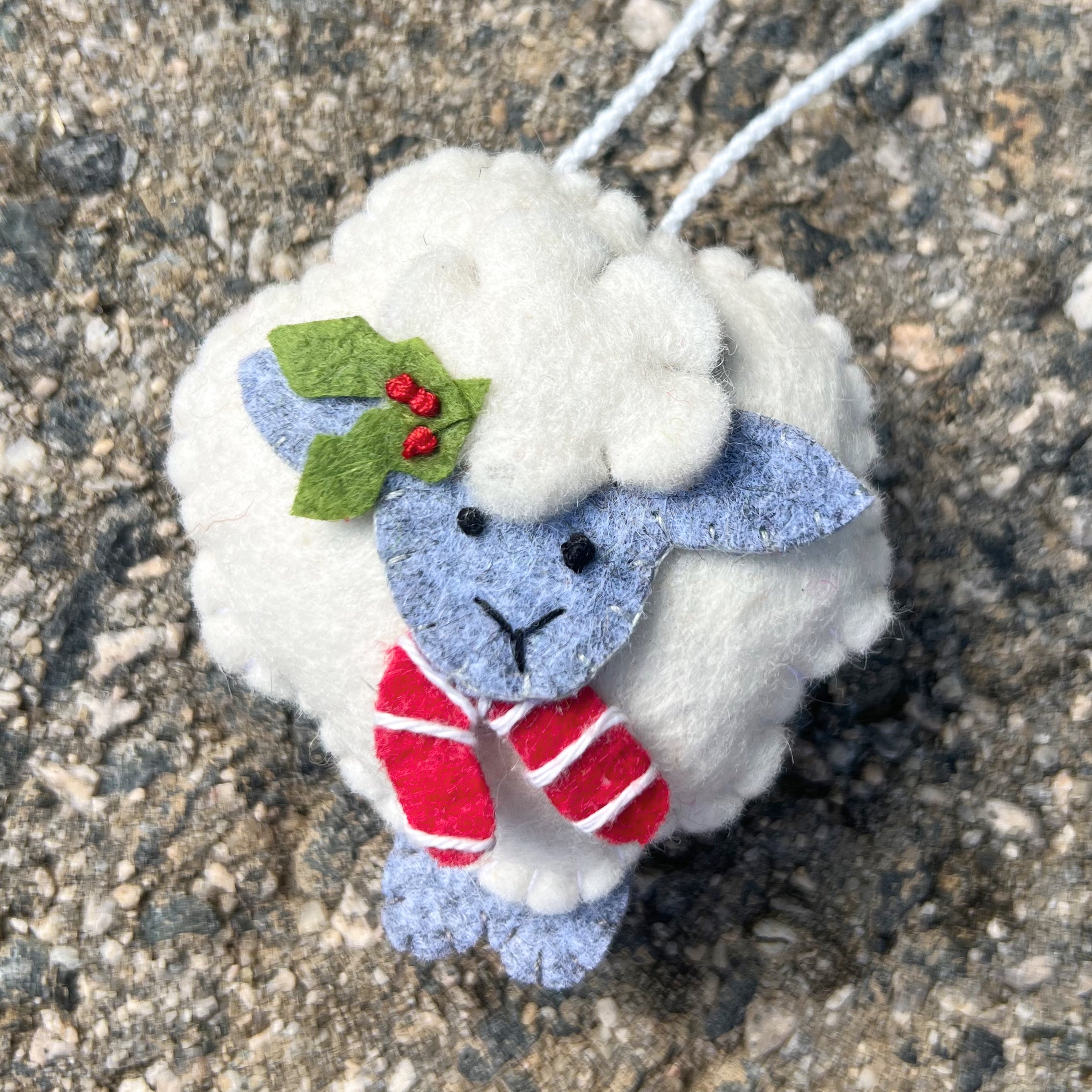Sheep with Candy Cane Wool Felt Ornament