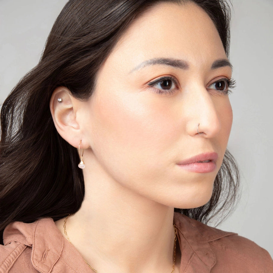 Rose Quartz Charm Mini Hoop Earrings (14k Gold Filled)