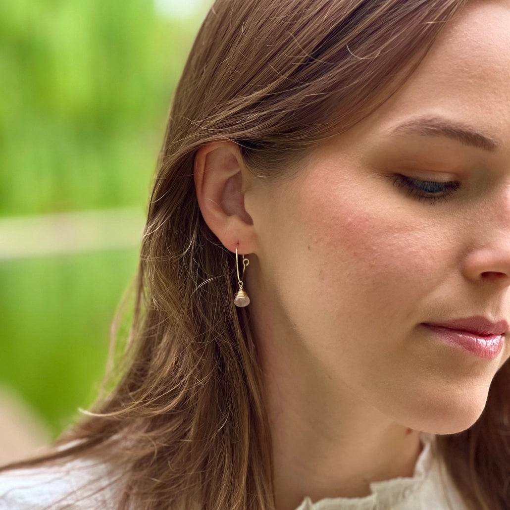 Rose Quartz Charm Mini Hoop Earrings (14k Gold Filled)