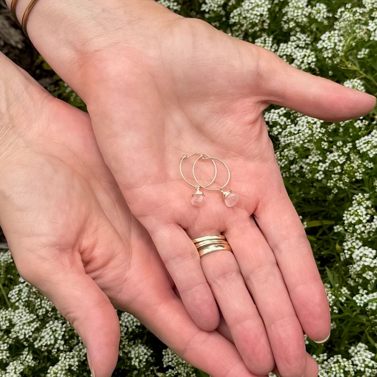 Rose Quartz Charm Mini Hoop Earrings (14k Gold Filled)